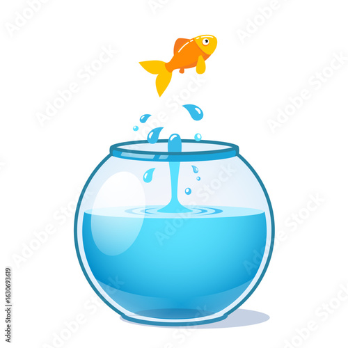 Goldfish leaping out of a round fishbowl
