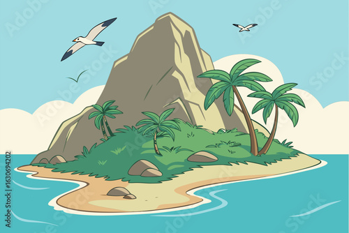 Tropical island paradise scene with palm trees and flying seagulls on a sunny day