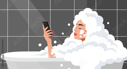 Digital Nomad Lifestyle — young woman working on a smartphone while lying in a relaxing bubble bath, remote work and work from home concept, modern vector illustration

