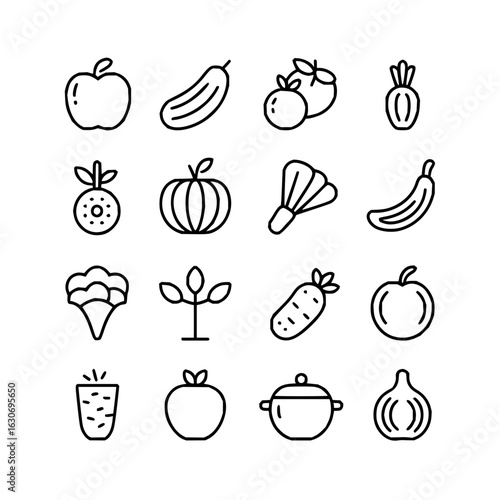 Vector line art illustration of fruits and vegetables for healthy eating and cooking design elements