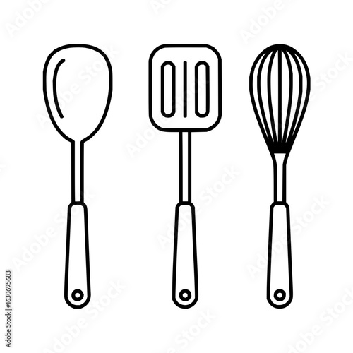 Stock vector illustration of kitchen utensils: spoon, spatula, and whisk for cooking and baking needs