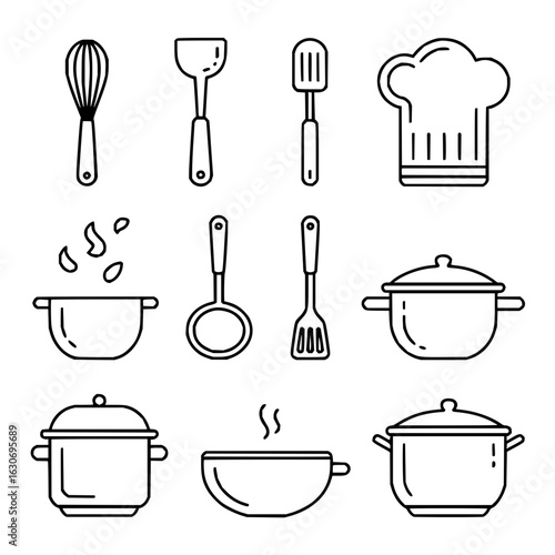 Kitchen utensils vector icon set, cooking tools and equipment, chef hat, pots and pans line art design