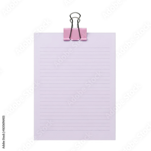 Lined paper with pink clip isolated on transparent background