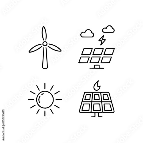Renewable energy sources vector illustration: solar panel, wind turbine, sun, geothermal energy icon