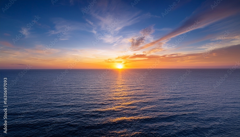 Fototapeta premium magnificence of a sunrise upon horizon encapsulating ethereal hues boundless vastness of ocean and profound interconnection between terrestrial realm and celestial heavens