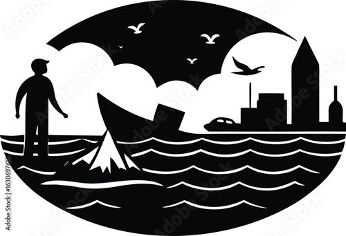 Silhouette of ocean cleanup scene / People cleaning beach pollution