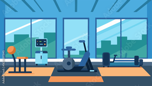 Fitness Room A spacious fitness area filled with stateoftheart exercise machines virtual trainers on screens and natural light streaming through large windows.
