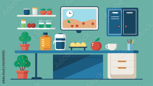 A modern kitchenette for staff and patients to prepare healthy snacks and beverages. A whiteboard displays the days healthy recipe.