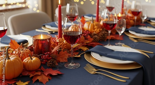 Festive autumnal dining table setting with pumpkins, leaves, and candles.
