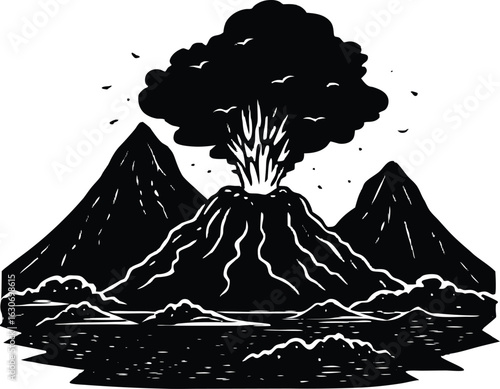 Silhouette of volcanic ash landscape / Volcano aftermath and dust