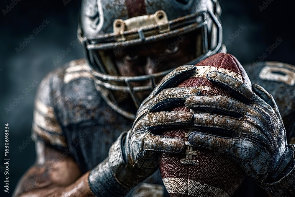 Fototapeta premium American football player holding ball with dirty uniform and helmet