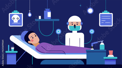 Advanced Skincare Treatment A cozy treatment room with a client lying on a treatment bed surrounded by various hightech skincare devices like LED masks and ultrasonic tools.
