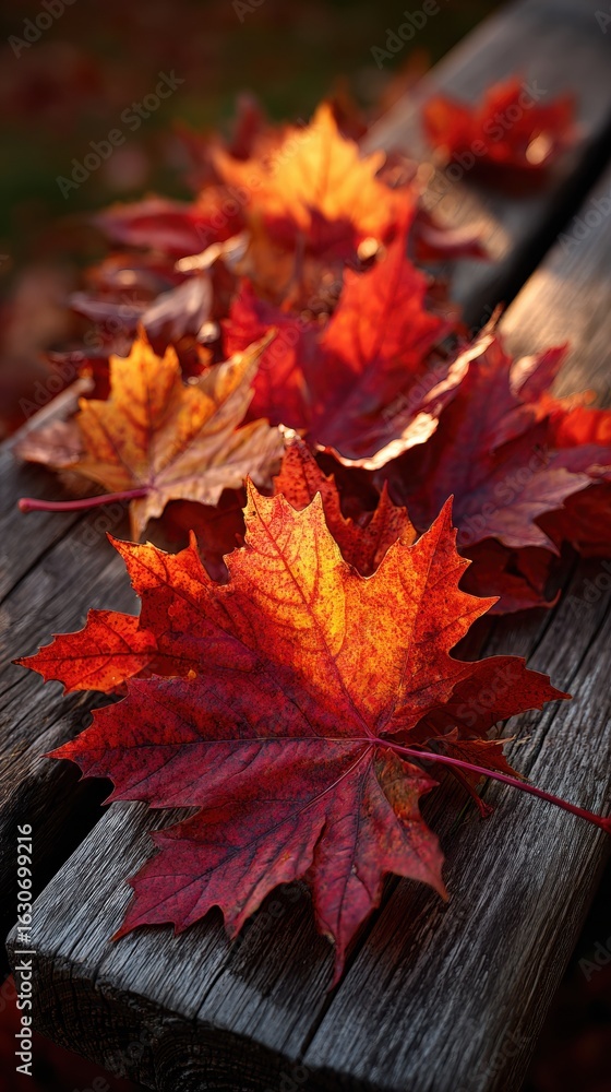 Obraz premium Vibrant red maple leaf arrangement on a weathered wooden bench, illuminated by soft natural light.