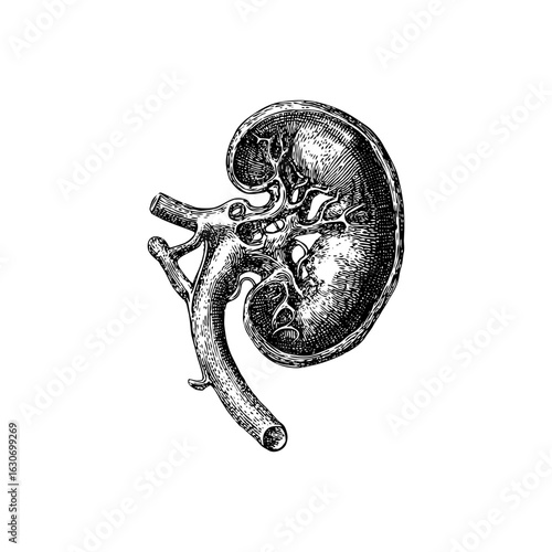 Engraving style illustration of human placenta with umbilical cord in black and white on transparent background – Medical vector for anatomy education, prenatal health brochures, and maternity clinic 