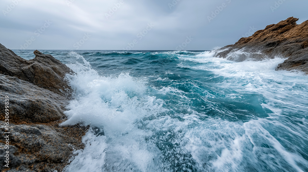 Fototapeta premium Powerful ocean waves crashing against a rugged rocky coastline under cloudy sky