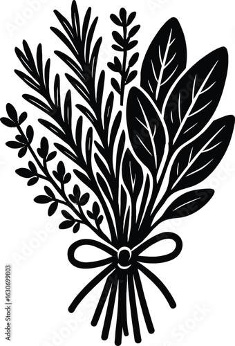 Black and White Vector Icon of a Herb Bouquet