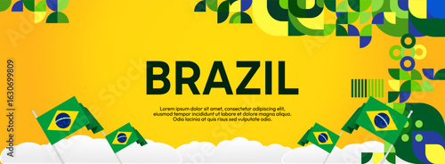Brazil National Independence Day wide banner. Modern geometric abstract background in flag color for Brazil day, September 7. Brazilian Independence greeting card cover with country flag