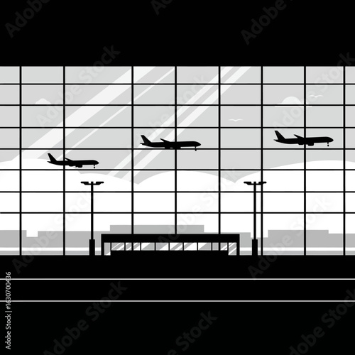 A stylized monochrome illustration depicts an airport terminal with three airplanes taking flight, showcasing travel and transportation.