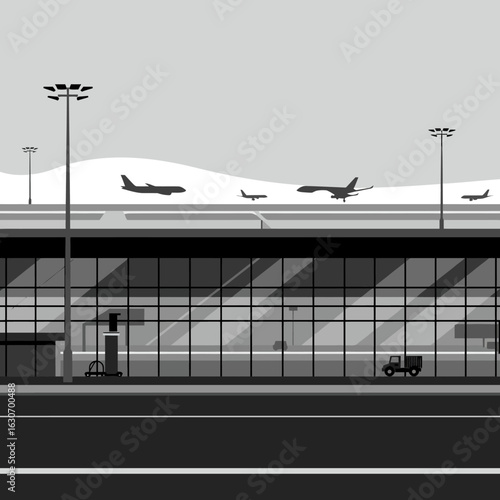 Modern airport terminal with large glass windows and airplanes on the tarmac under a cloudy sky, symbolizing travel and aviation.