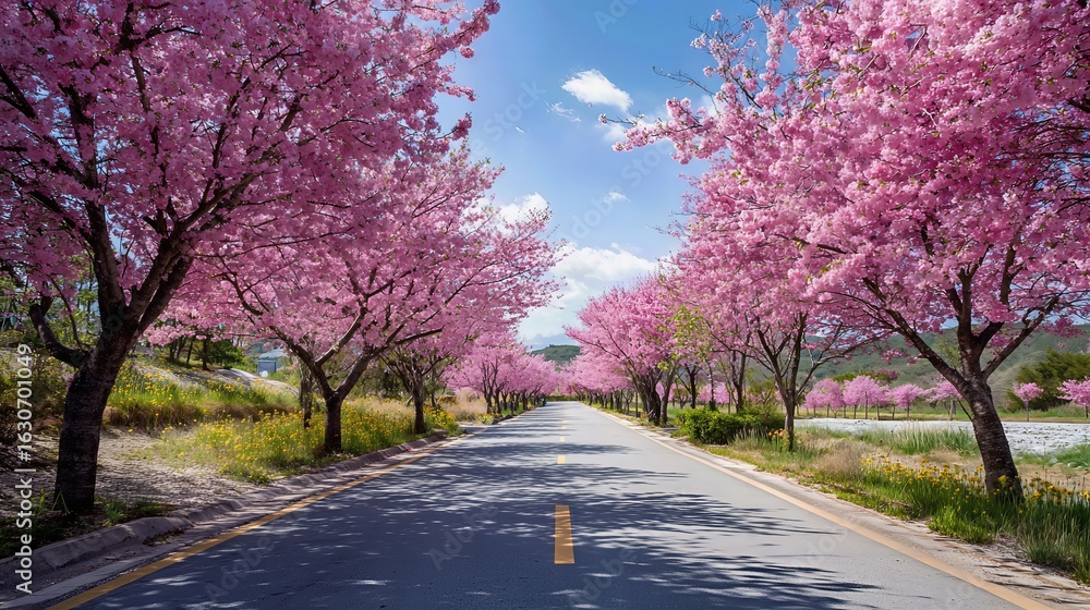 Fototapeta premium A serene road stretches into the distance, bordered by cherry trees in full bloom and vibrant grass, glowing beneath a crisp spring sky. 