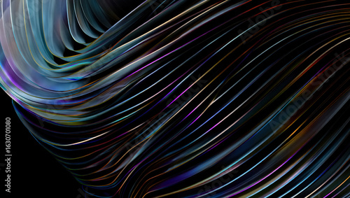 Abstract 3D background with mother-of-pearl metal plates in a complex geometric pattern in a three-dimensional composition with blue and purple colors with different shades and iridescent effects.