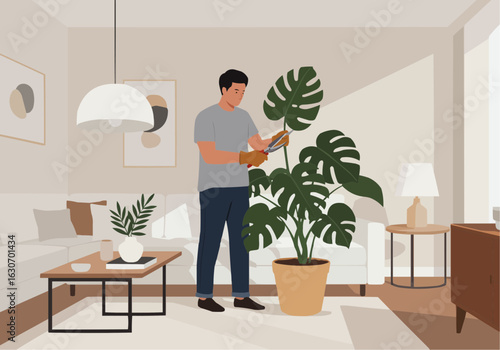 A man tending to a large potted plant inside a bright, modern living room, trimming leaves.