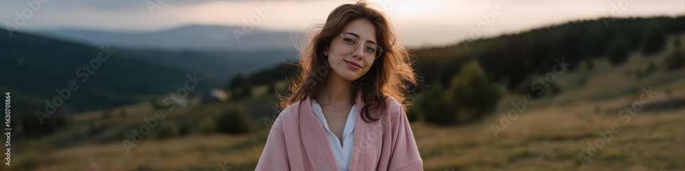 Fototapeta premium Young caucasian woman in pink sweater enjoying scenic mountain landscape at sunset