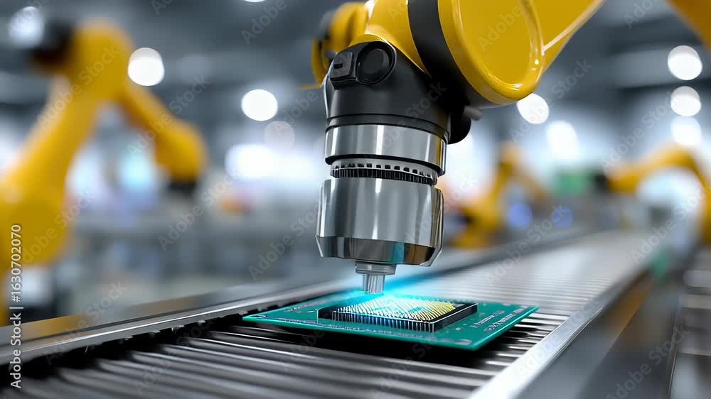 Robotic arms assembling circuit boards on conveyor belt in modern ...