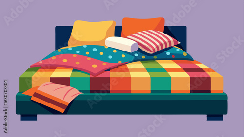 A low platform bed covered in a mix of vibrant patterned blankets and throws surrounded by piles of plush pillows.