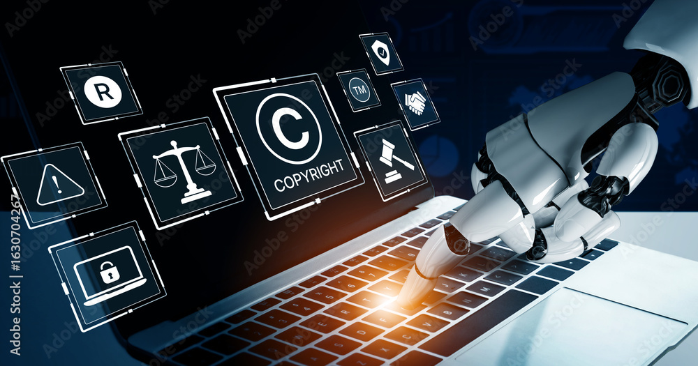 Naklejka premium AI protects copyright with automated content verification, IP tracking tools, and digital publishing systems to ensure rights and prevent infringement. Artificial intelligence spline