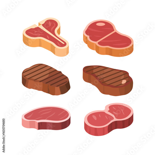 Six different cuts of raw and grilled beef steaks
