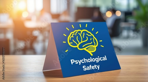 Psychological safety sign with brain illustration on a table in a modern office