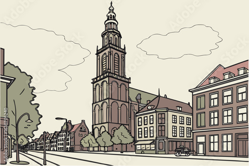 Groningen, Groningen, the Netherlands – Dominated by the Gothic Martinitoren tower in the city centre