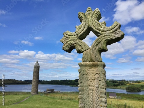 Cross and monument on Devenish Island, Northern Ireland