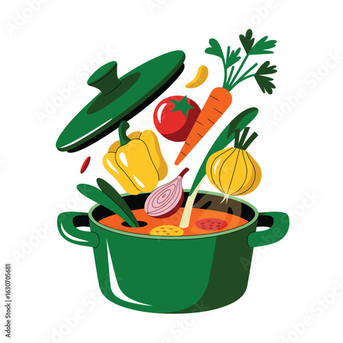 Fresh vegetables flying into a green cooking pot with soup