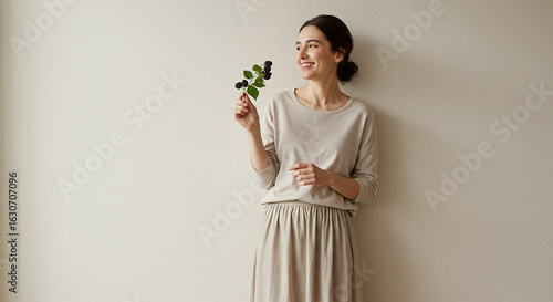Happy Woman Holding Blackberry Branch, Beige Outfit, Minimalist Style - High-quality stock image for commercial use