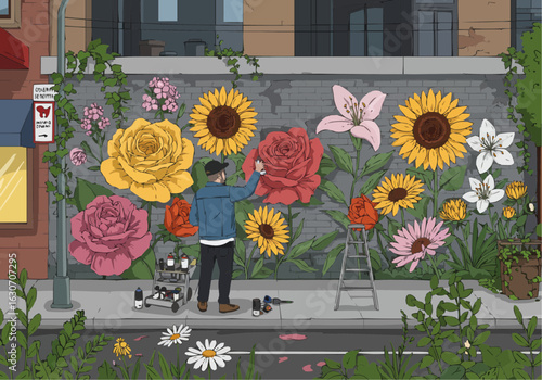 A street artist meticulously paints a vibrant mural of flowers and plants on a city wall.