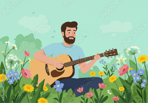 Bearded man serenades nature, playing acoustic guitar amidst blooming wildflowers in a vibrant meadow.