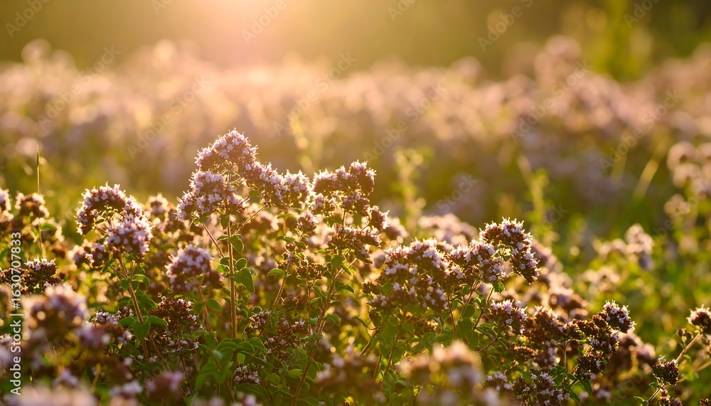 Obraz premium Field of oregano at sunset
