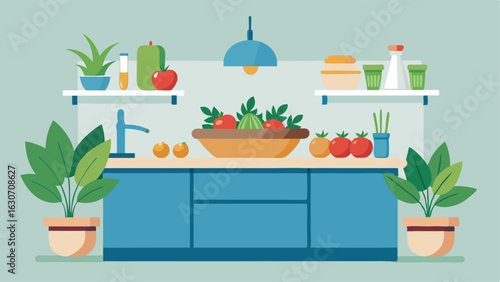 A kitchen island adorned with bowls of fresh fruit and herbs picked straight from the indoor garden.