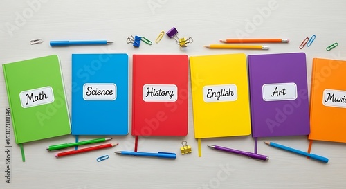 Colorful school notebooks with subjects and stationery on white wooden desk representing education and learning materials for students