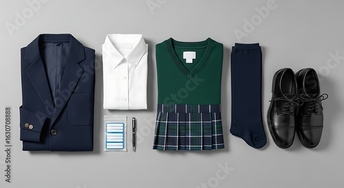 Complete School Uniform Set Including Blazer Shirt Skirt Socks and Shoes Laid Out on a Neutral Background Representing Education and Preparedness