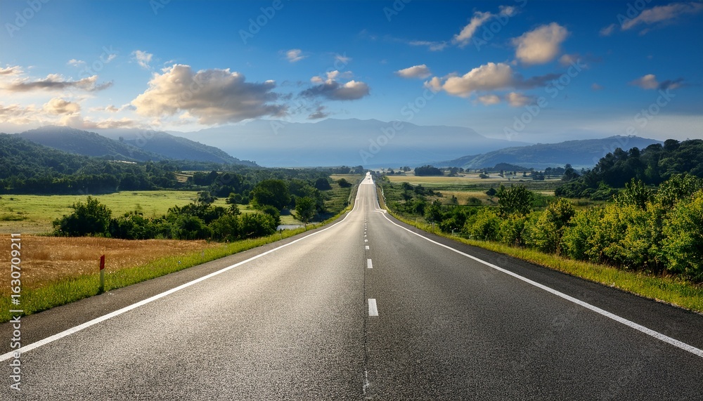 Obraz premium empty highway in a rural setting stretching through scenic landscapes representing road transport and cross country travel