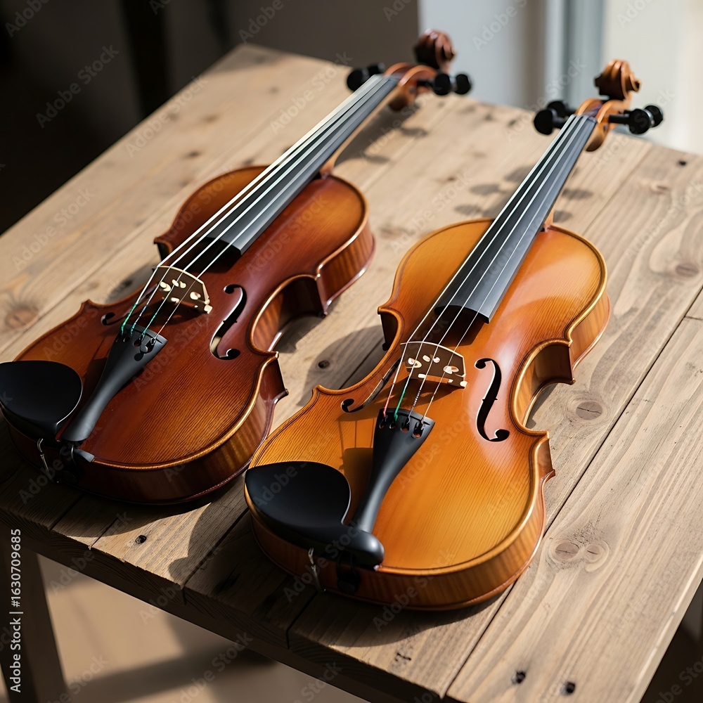 Fototapeta premium Two violins resting on a wooden surface.