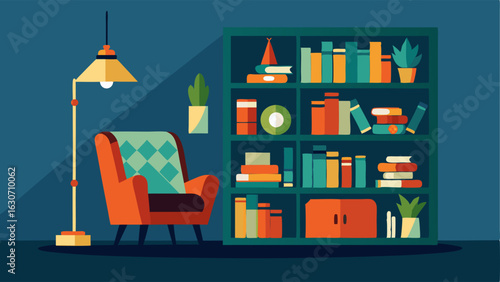 A home library with shelves made from reclaimed wood a reading chair made from repurposed fabric and energyefficient lighting.