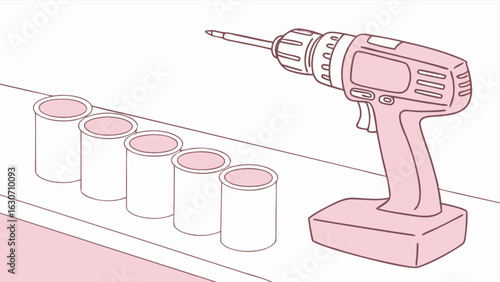 Illustration of a pink power drill next to a row of five aluminum paint cans on a white shelf, isolated on white background