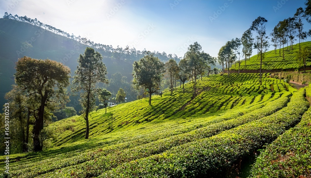 Fototapeta premium lush tea crops lined in terraces on a slope surrounded by trees under bright sunlight in kodaikanal tamil nadu