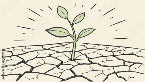A resilient seedling sprouts from cracked earth, symbolizing hope, renewal, and the power of life in the face of drought and climate change