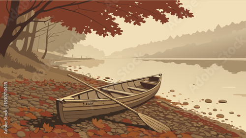 A serene autumn lake scene with a canoe and paddle resting on the shore, surrounded by colorful trees and calm water, creating a peaceful and tranquil landscape