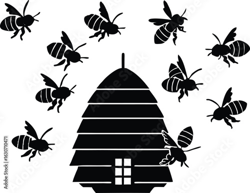Silhouette of bees swarming near hive | Buzzing bees at hive entrance silhouette